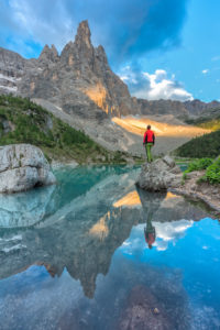 Dito di Dio (Finger of God) reflected in the turquoise water of Sorapiss lake, Dolomites, Cortina d' Ampezzo, Belluno, Veneto, Italy Dito di Dio (Finger of God) reflected in the turquoise water of Sorapiss lake, Dolomites, Cortina d' Ampezzo, Belluno, Veneto, Italy
